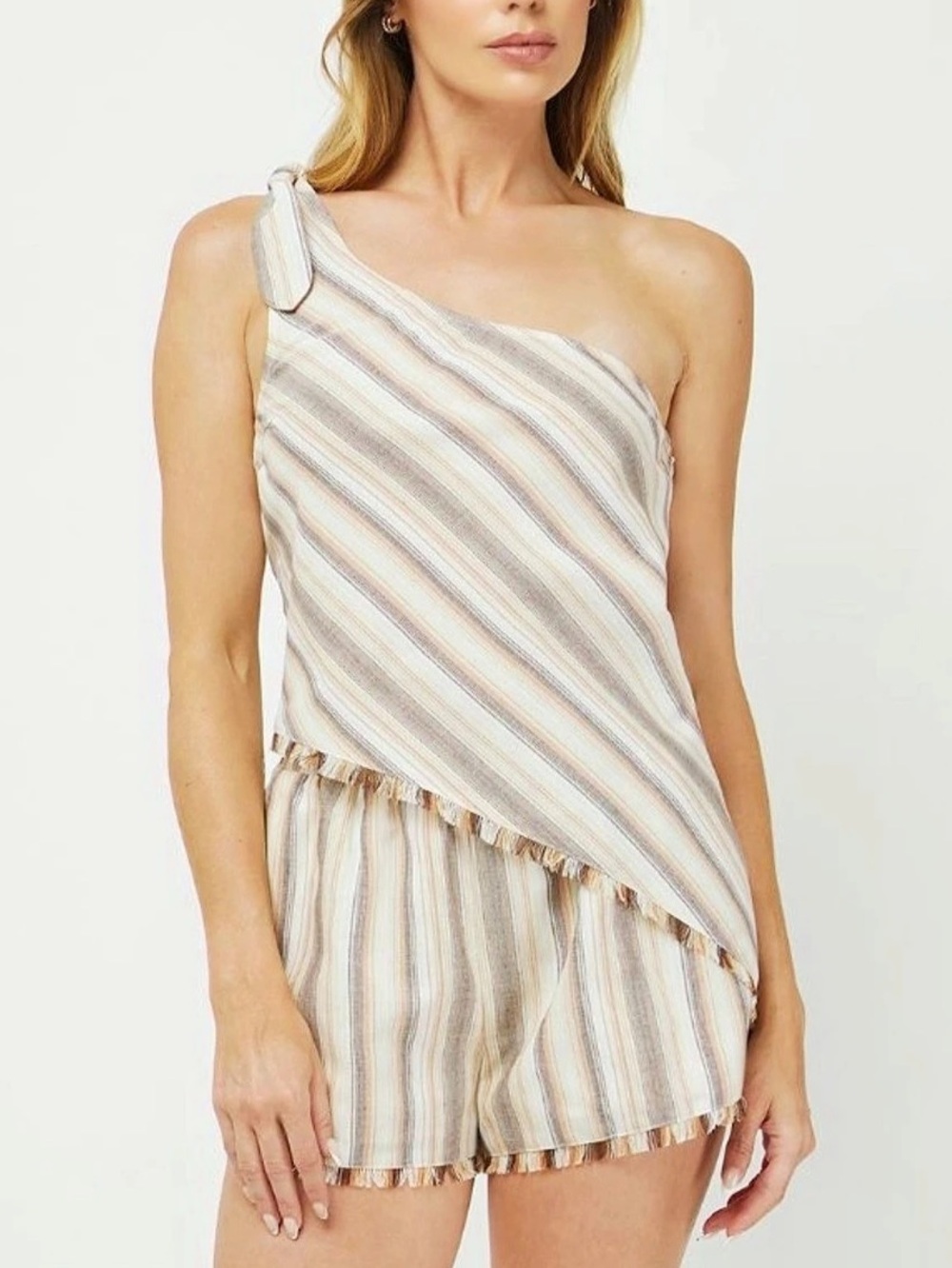 NWT | Needli Striped One Shoulder Top & Short Set in Cream & Tan, SIZE Medium